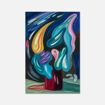 Abstract surreal painting of vivid blue, pink, yellow, and teal organic forms rising from a red base, creating a fluid, dreamlike mood.