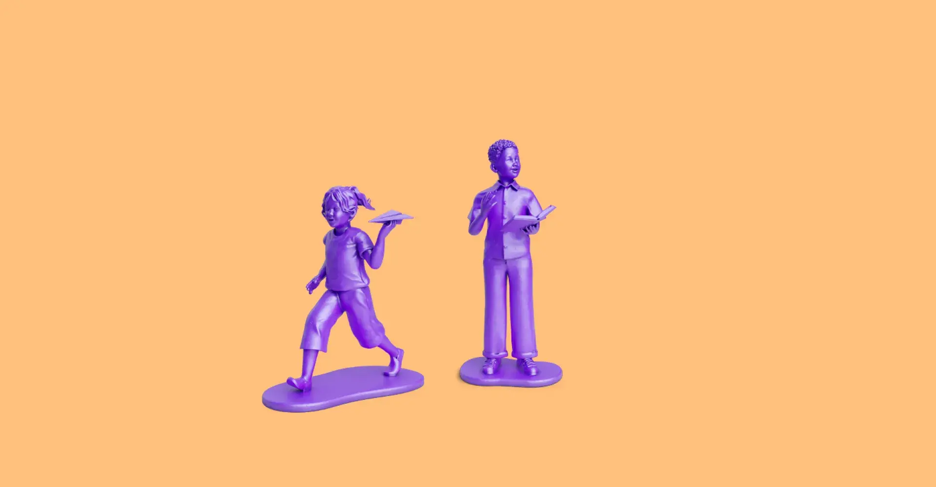 Two purple figurines—a running child holding a paper airplane and an adult holding a book—stand against a peach background, suggesting playful learning.